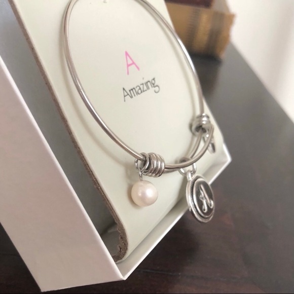 A Amazing / Initial Pearl Silver Adjustable Charm Bangle by Unwritten - Picture 5 of 13